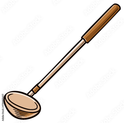 Cartoon Style Ladle with Wooden Handle for Soup, Gravy, or Serving on White Background