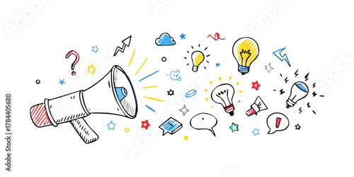 Hand drawn doodle style megaphone and lightbulbs with stars and question marks