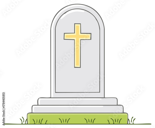 Simple gravestone with a golden cross on green grass symbolizing remembrance and peace