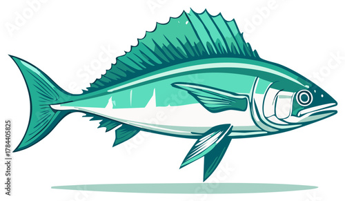 Illustration of a stylized turquoise tuna swimming horizontally
