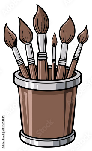 Collection of artistic paint brushes standing upright in a brown holder, various sizes of art tools