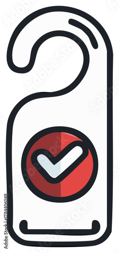 A simple door hanger with a bold red checkmark icon indicating completion approval or availability