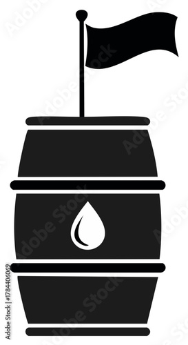 Crude oil barrel icon with flag and drop, black and white vector illustration