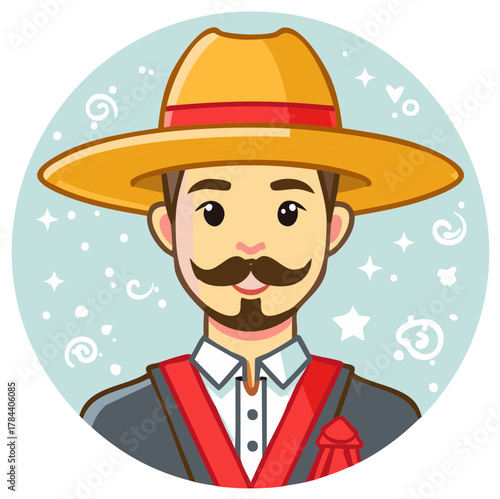 Cheerful cartoon character in traditional festival attire with a big hat and mustache