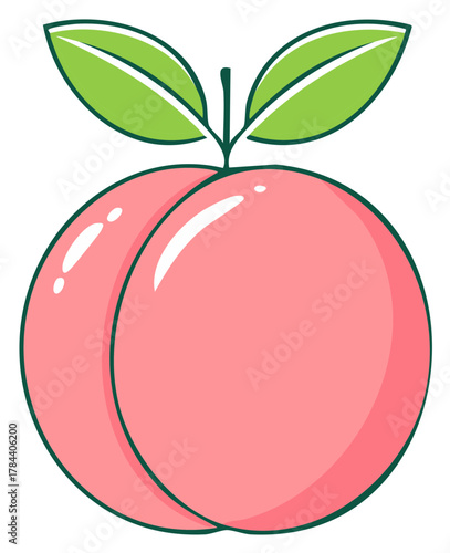 Peach Fruit Graphic with Leaves, Cartoon Style Fresh Food, Delicious Organic Snack Symbol