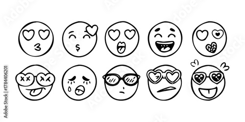 Whimsical doodle emoji faces with transparent background 1