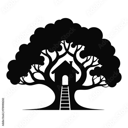Stylized Tree House Silhouette with Ladder a Whimsical and Peaceful Retreat