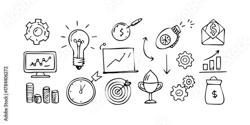 White outline of office supplies on transparent background