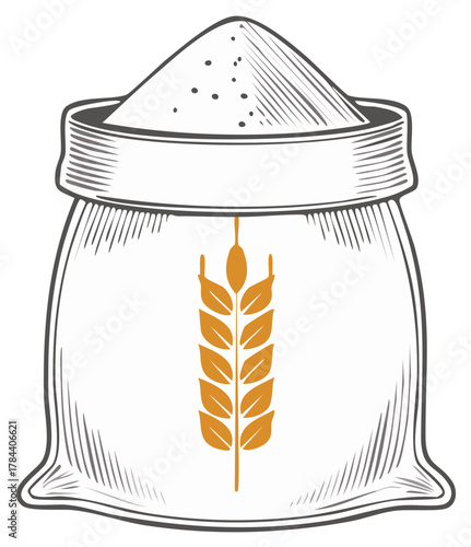 Vintage style drawing of a burlap bag overflowing with wheat flour featuring a golden stalk