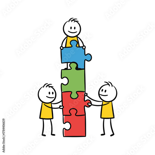 Stick figures collaborating and solving problems with puzzle pieces together