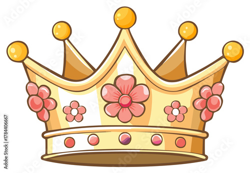 Cartoon golden crown with flowers and jewels illustration
