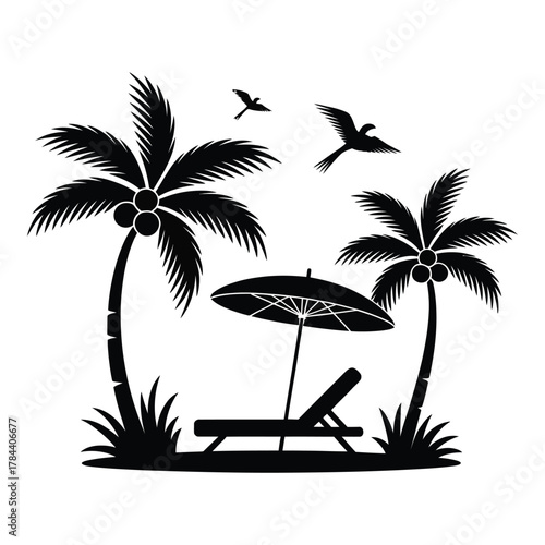 Tropical beach scene illustration with palm trees and beach chair