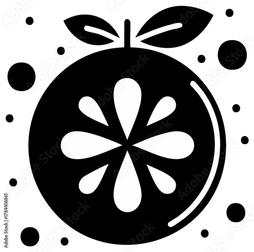 Black and white icon of a sliced citrus fruit with leaves and surrounding juice splash dots