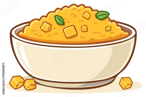Vibrant yellow meal with fresh green herbs and golden cubes in a cartoon bowl graphic