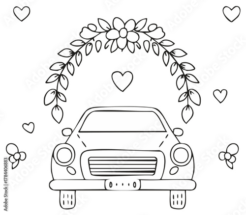 Outline drawing of car decorated with flowers and hearts for a wedding themed design