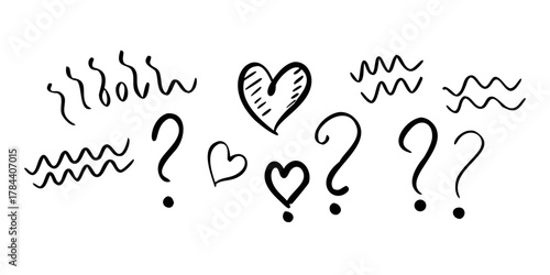 Hand Drawn Hearts and Question Marks on White Background