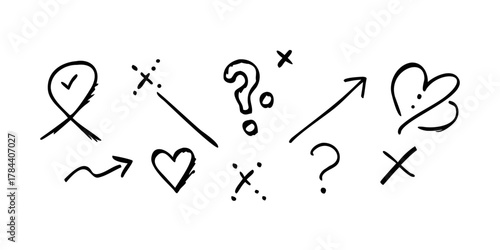 Hand Drawn Doodle Symbols Hearts Arrows Question Marks