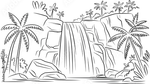 Tropical waterfall oasis with palm trees and lush vegetation line art