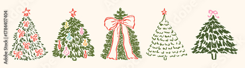 Set of whimsical Christmas tree with bow, xmas ornaments. Whimsy hand drawn winter Christmas trees with star. Line art sketch illustration of winter fir tree