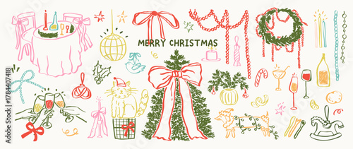 Set of whimsical Christmas icons. Hand drawn holiday Christmas tree with bow, dinner table, wreath, cute cat and dog. Xmas winter garland, party disco ball sketch illustration