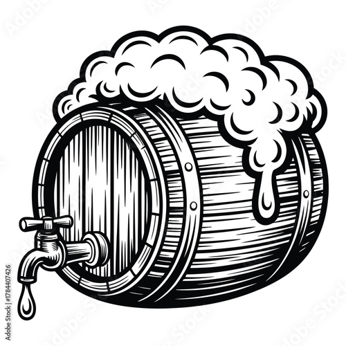 Vintage wooden beer barrel with foam and tap vector illustration