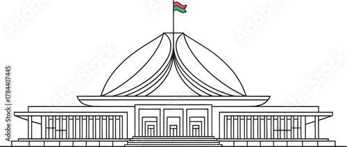 Architectural sketch of a grand building with a dome and flag