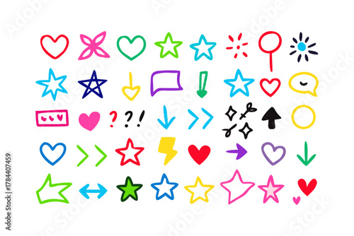 Collection of colorful hand drawn icons on black background