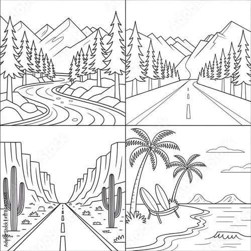 Scenic Road Trip Coloring Pages for Kids and Adults – Mountain, Desert, and Beach Landscapes