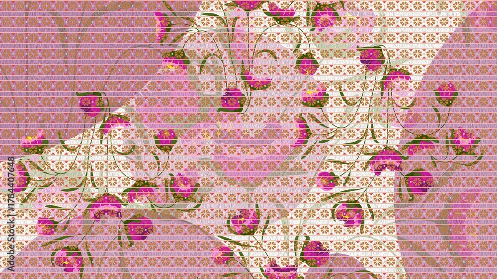 Naklejka premium Glitchy Floral Pattern with Hanging Pink Flowers and Striped Background - 1
