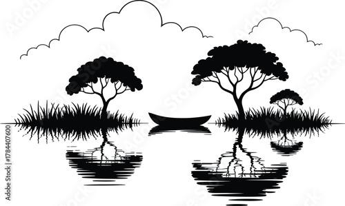 Silhouette of trees and a boat on water with reflections and clouds