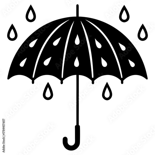 Simple black and white icon of an open umbrella with raindrops falling around it
