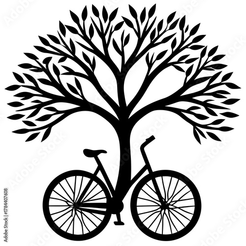 Stylized black silhouette of a tree with a bicycle integrated into its trunk and branches