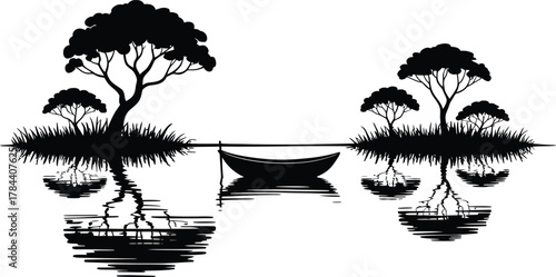 Silhouette of trees and a boat reflected in calm water