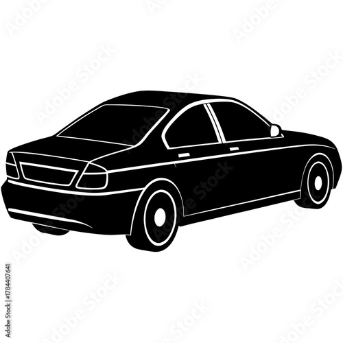 Stylized black silhouette of a modern sedan car viewed from the rear three quarter angle on a white background