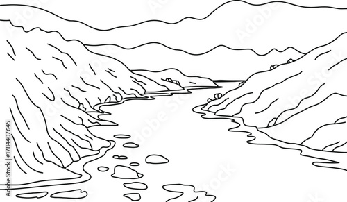 Hand drawn sketch of a serene mountain valley with a winding river