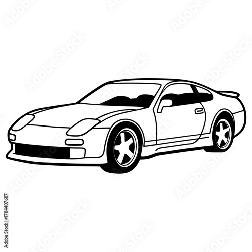 Sleek black and white line art illustration of a modern sports coupe car viewed from the side