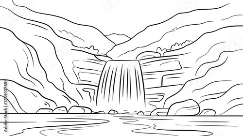 Black and white sketch of a majestic waterfall cascading down rocky cliffs