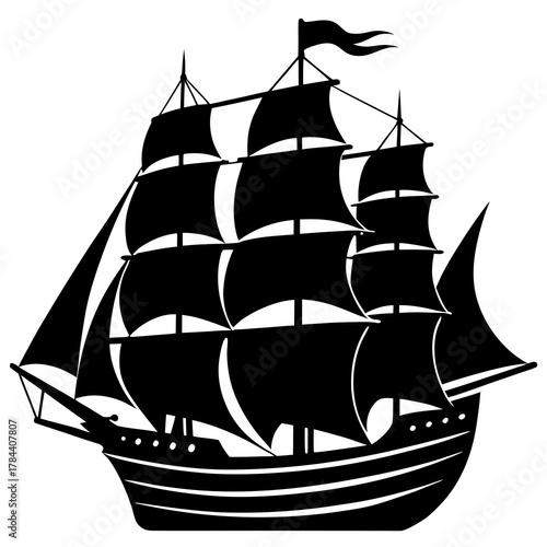 Silhouette of a majestic tall ship with full sails and a flag waving in the wind