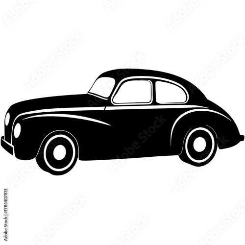Classic black silhouette of a vintage coupe automobile with white accents on a white background