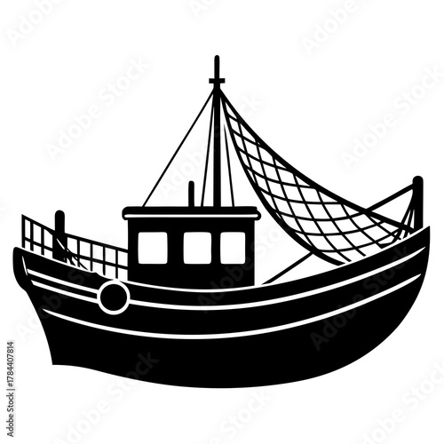 Black silhouette of a fishing trawler boat with nets and mast on a white background