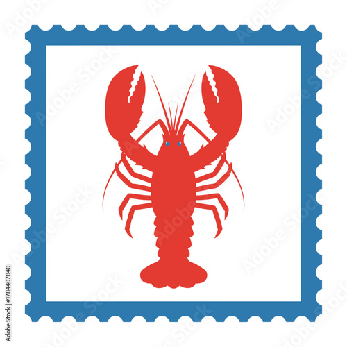 A stylized red lobster with blue eyes is depicted on a white background within a blue, perforated stamp border.