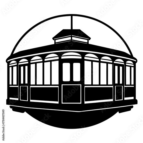Classic black and white silhouette of a historic cable car or streetcar suspended from overhead wires