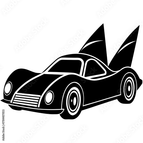 Sleek black silhouette of a futuristic sports car with distinctive tail fins on a white background