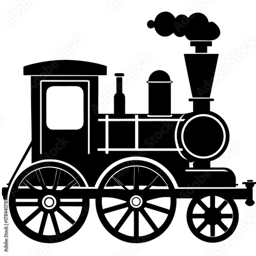 Classic black silhouette of a steam locomotive with smoke billowing from its chimney on a white background