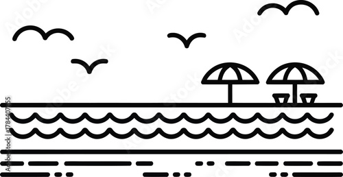 Minimalist line art of a tropical beach scene with umbrellas and birds