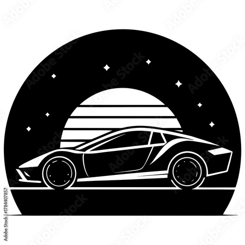 Sleek black sports car silhouette driving under a stylized sunset with stars and stripes