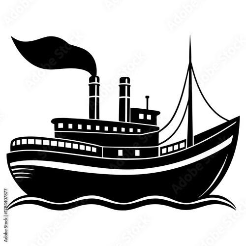 Stylized black silhouette of a vintage steamship with smoke billowing from its twin funnels sailing on wavy water