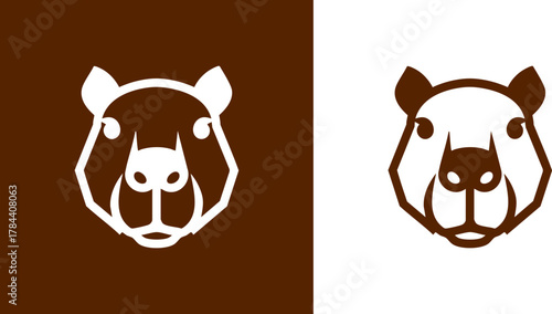 Stylized capybara head icon logo design. Minimalist animal mascot graphic created in a simple linear vector art style for branding identity