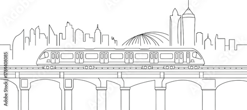 Monorail train crossing a bridge with city skyline in the background