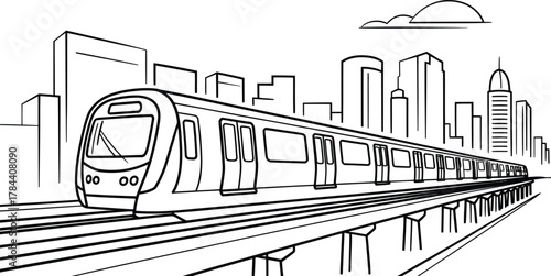 Modern train on tracks with city skyline in the background sketch